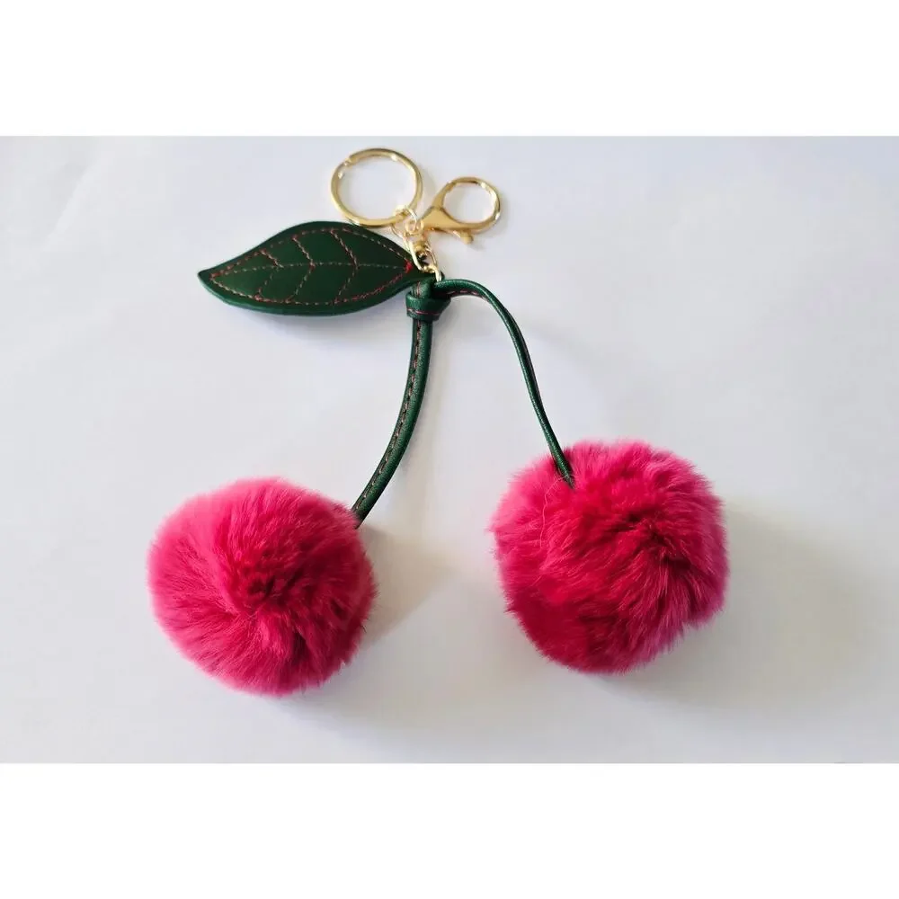 Fuzzy Pom Pom Pink Cherry Bag Charm Key Chain  New